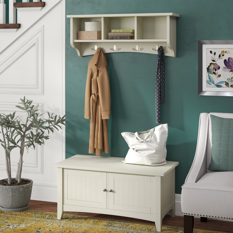 Ajwad 36"W Cottage Beach House Design Wall Mounted Coat Rack and Cabinet Bench Set with Storage, Ivory