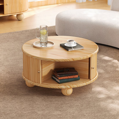Table basse ronde cannelée avec rangement, bois de pin massif, porte coulissante, 31,8 po