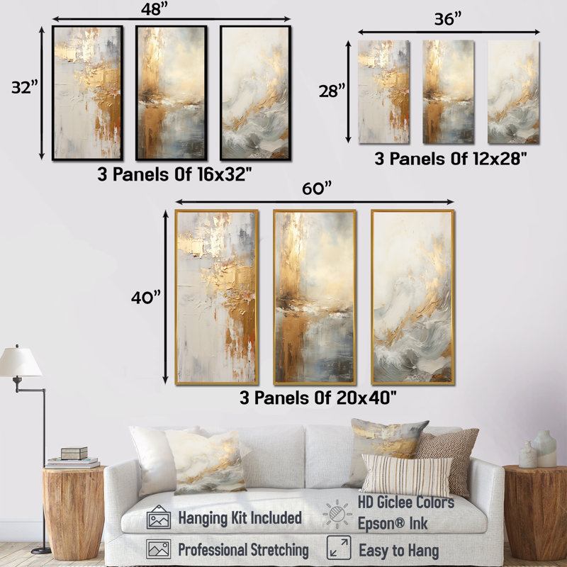 Beige côtier moderne et rivière Gold, H 28 po x l 36 po, Cadre flottant noir