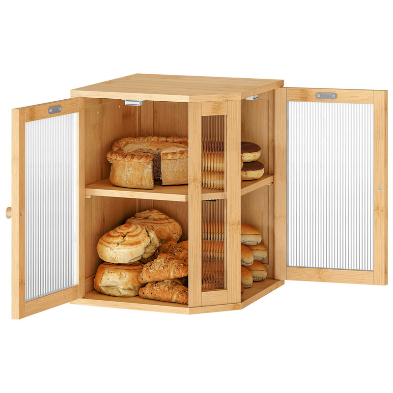Boîte à pain en bambou, boîte à pain de coin de comptoir de cuisine, grande capacité 2 étages
