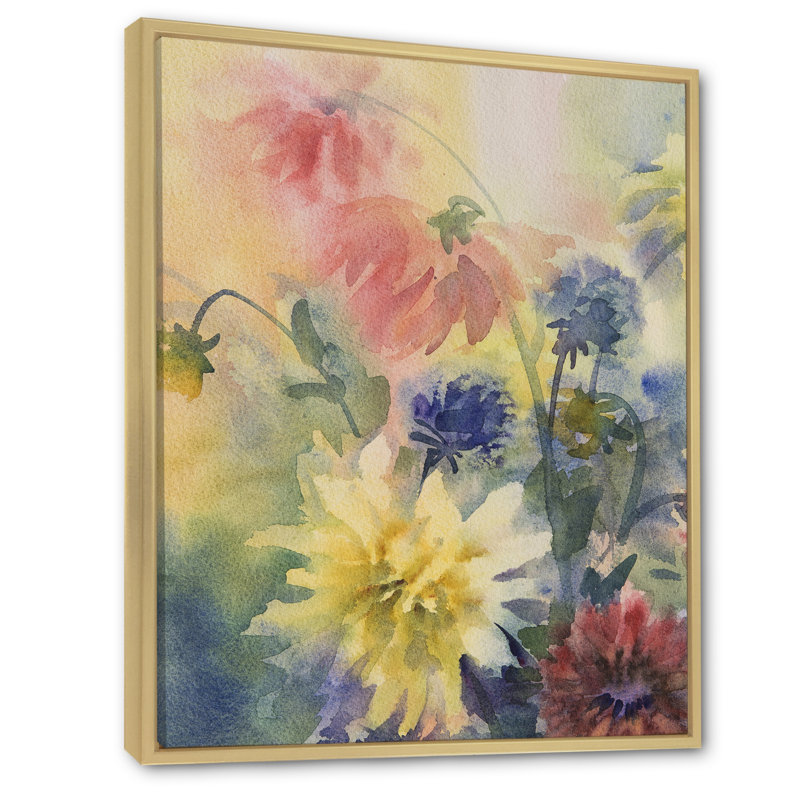 «Grunge Color Dahlias Flowers», reproduction de cadre photo sur toile, H 40 po x l 30 po x P 1,5 po, Cadre flottant brun