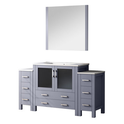 Gris foncé 60 po W Meuble-lavabo avec armoires latérales, comptoir en céramique blanche, miroir 34, tiroirs à fermeture en douceur, une armoire intérieure pour le rangement et surface résistante aux taches