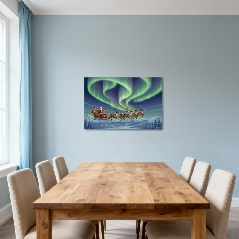 Noël, père Noël, renne, traîneau, aurore, paysage enneigé, H 28 po x l 40 po