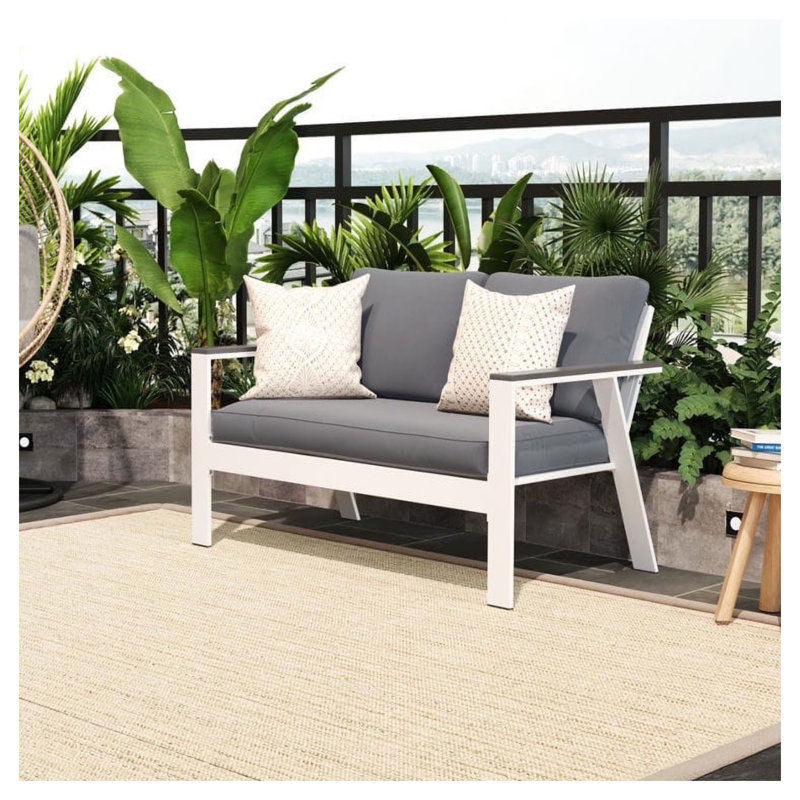 Causeuse de patio en aluminium 52,95 pouces toutes saisons avec accoudoirs en bois blanc et gris