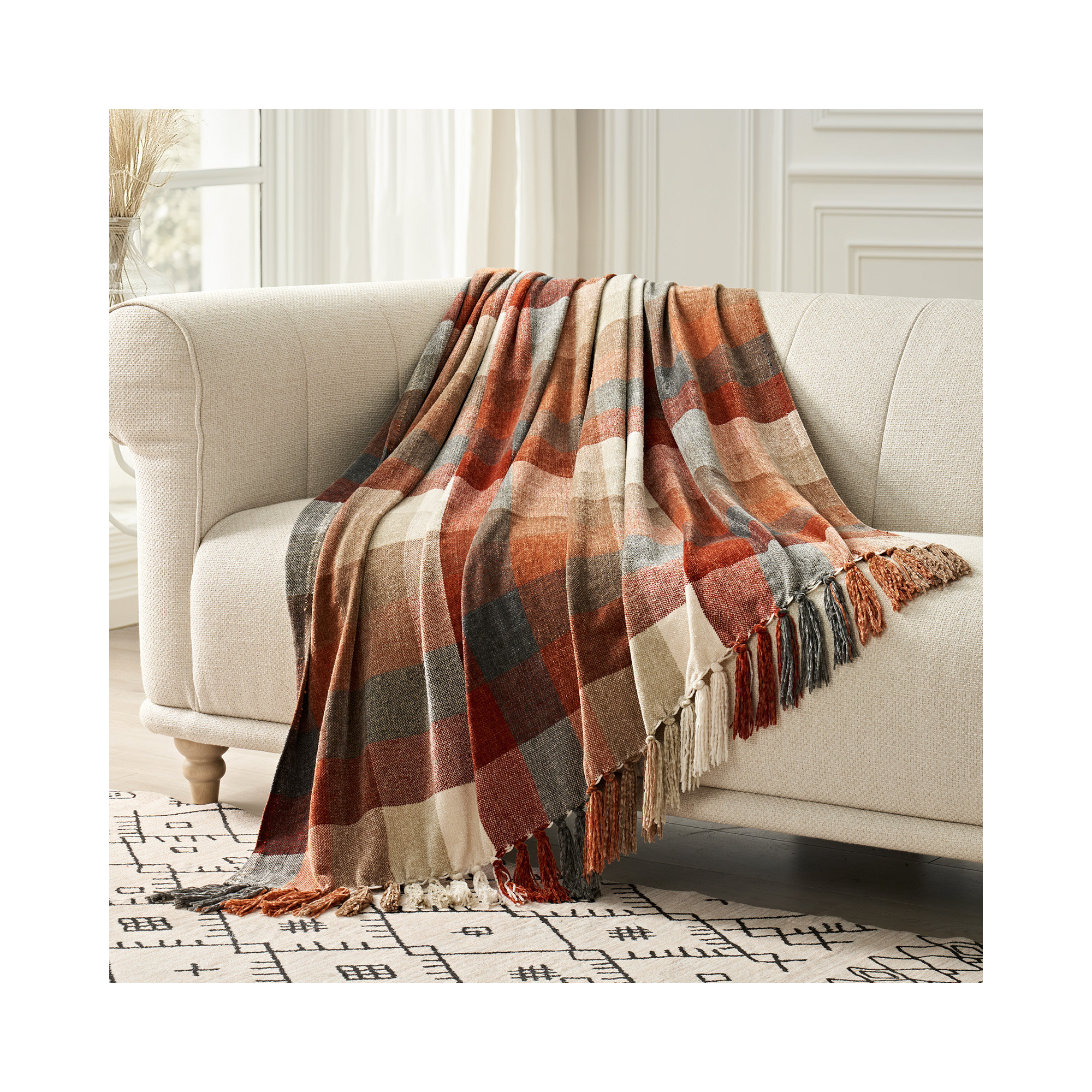 Soft Chenille Throw Blanket, Brown/Orange/Gray Plaid, 60" L x 50" W
