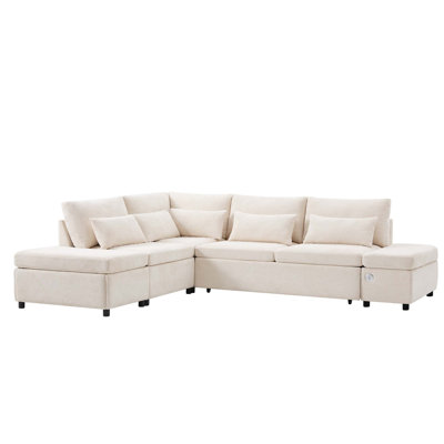 107'' Sectional Sleeper Sofa Bed With Pull Out Couch, L-Shaped With Adjustable Armrest, USB&Type-C Charging, Free Movement Storage Ottoman, Free Combination For Living Room&Apartment, Chenille