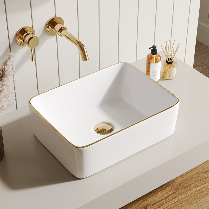 Lavabo de salle de bain vasque rectangulaire en porcelaine vitreuse 16 po x 12 po DeerValley, Blanc / or
