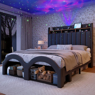 Aurora Bed Frame with Storage Headboard and Charging Station,  Galaxy Star Projector Bedframe