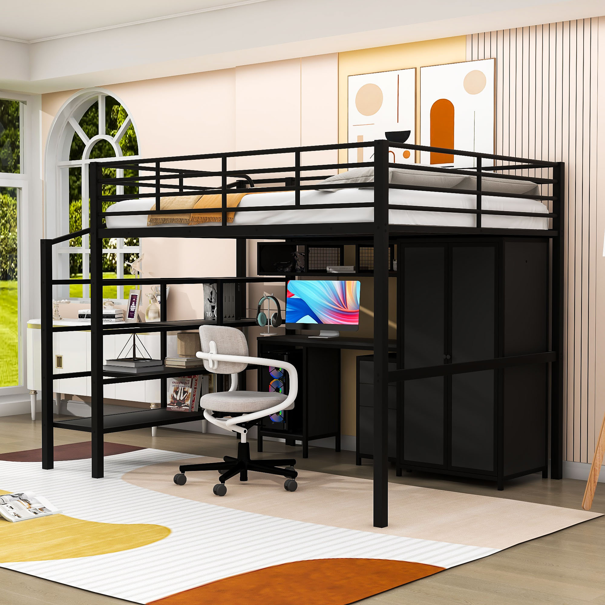 Isabelle & Max™ Full 3 Drawers Metal Loft Bed With Shelves And Wardrobe ...