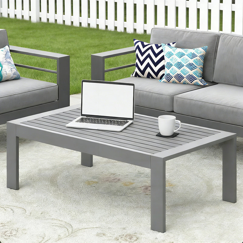 All-Weather Metal Outdoor Coffee Table, 43" X 24", Wood-Look Top, Gray Frame | Gift Idea, Gray 