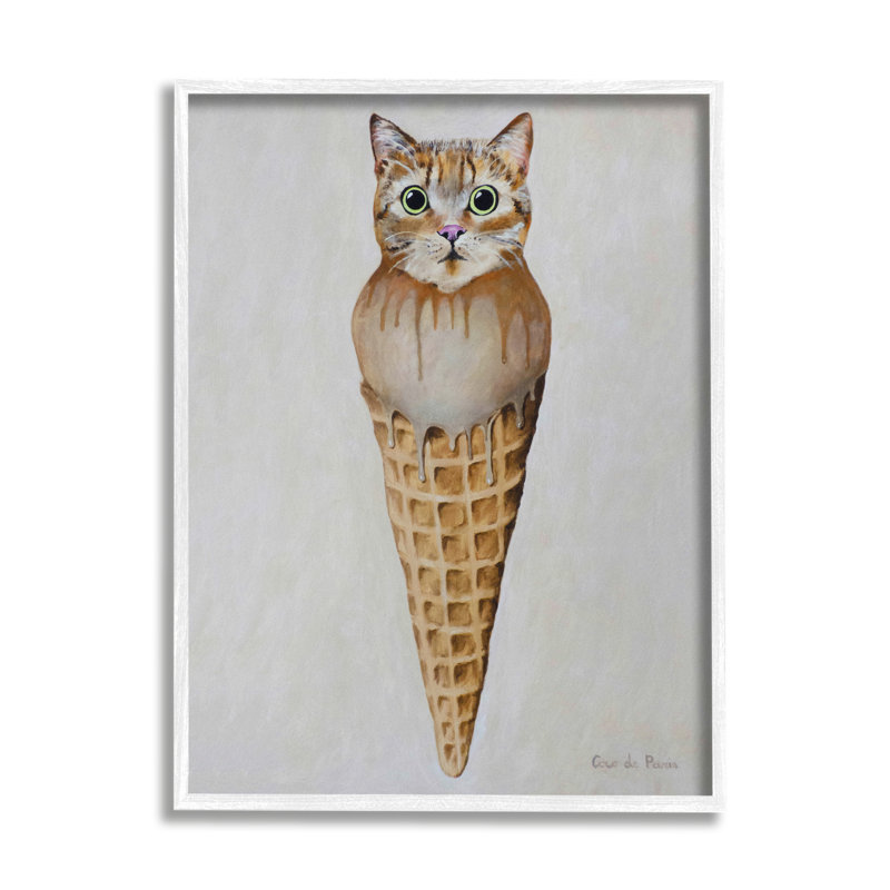 Chat tigré, glace, cuillère, dessert, gaufre, cône par Coco de Paris - Peinture, H 14 po x l 11 po x P 1,5 po