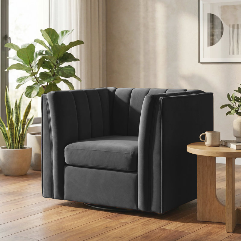 35.4'' Wide Upholstered Swivel Chair, Black Chenille
