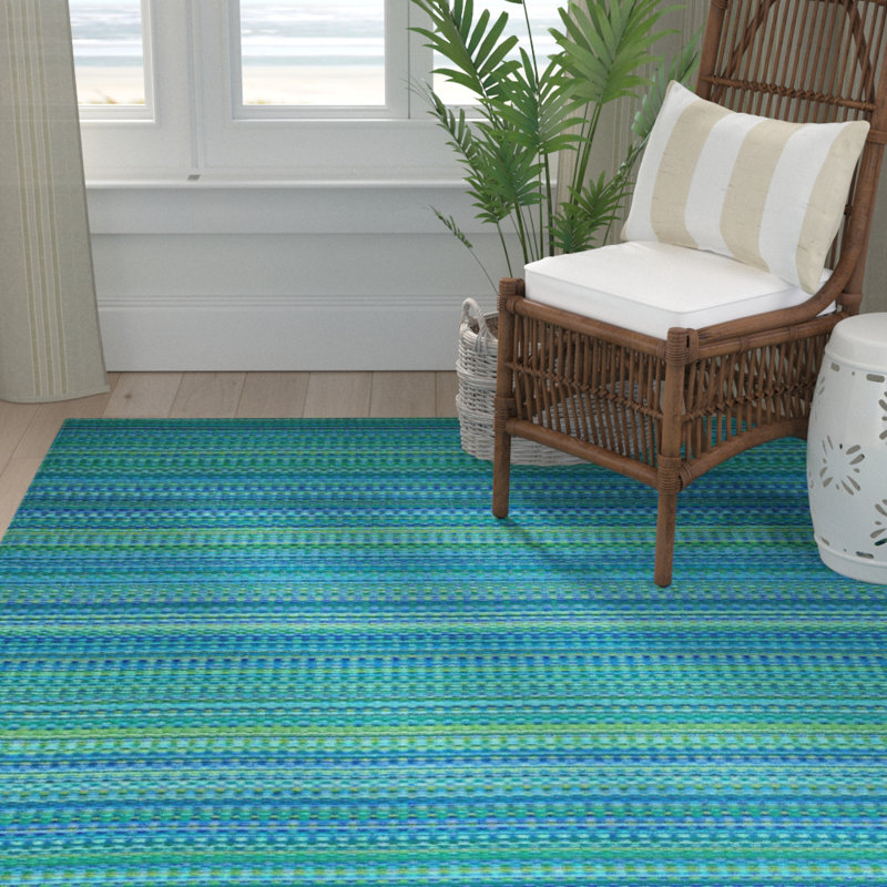 Tapis fait à la main et tissé à plat à rayures turquoises Bottomley, Rectangle de 6 pi x 9 pi