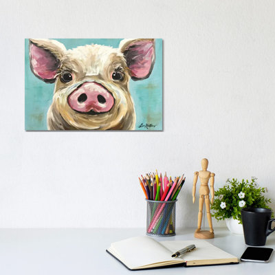 Rosey the Pig on Turquoise 1 Piece Wrapped Canvas Painting