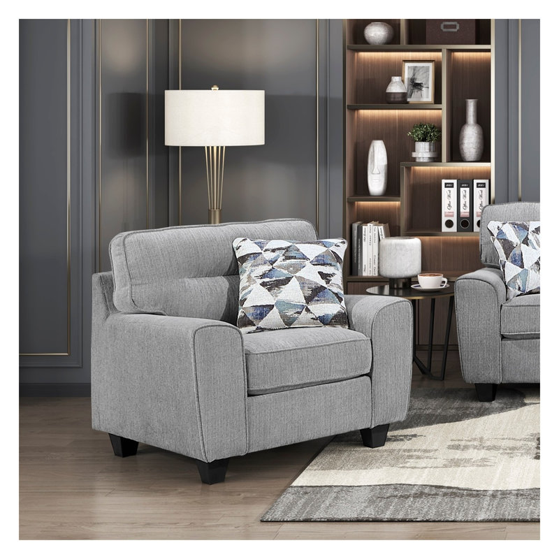 Fauteuil d'appoint contemporain en chenille grise avec coussins réversibles et coussin décoratif, Rembourrage en mousse grise