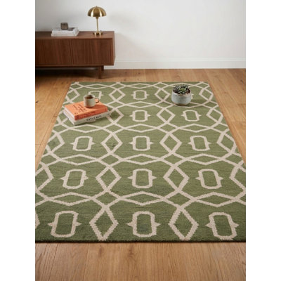 Green Beige Wool Handmade Geometric Hand Knotted Rectangle Indoor Area Rug
