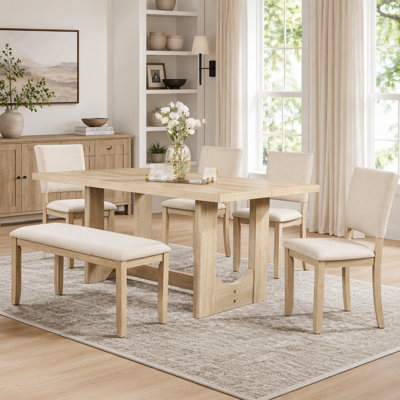 6 Piece Dining Table Set with Bench, Wooden Rectangular Kitchen Table with 4 Upholstered Chairs for Modern Living, U-shaped Base, Light Oak & Beige