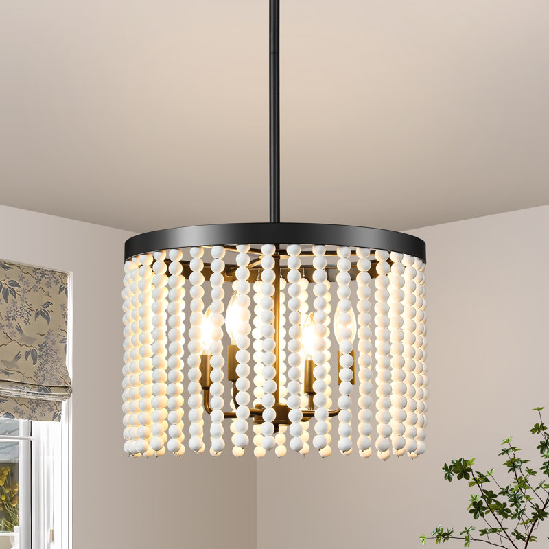 4 - Light Dimmable Boho Chandelier With Wooden Beads, Matte Black