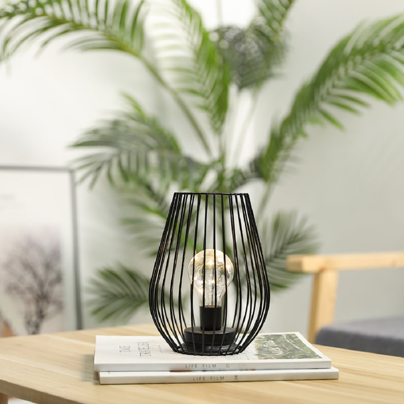 Lampe de table en métal sans cordon de 8 po de hauteur avec cage et lumières de fée, Noir
