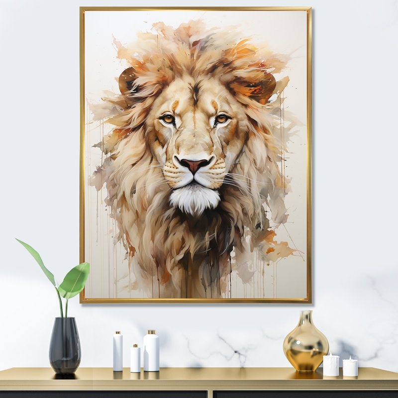 Portrait d'un lion puissant, Cadre flottant doré, H 44 po x l 34 po x P 1,5 po