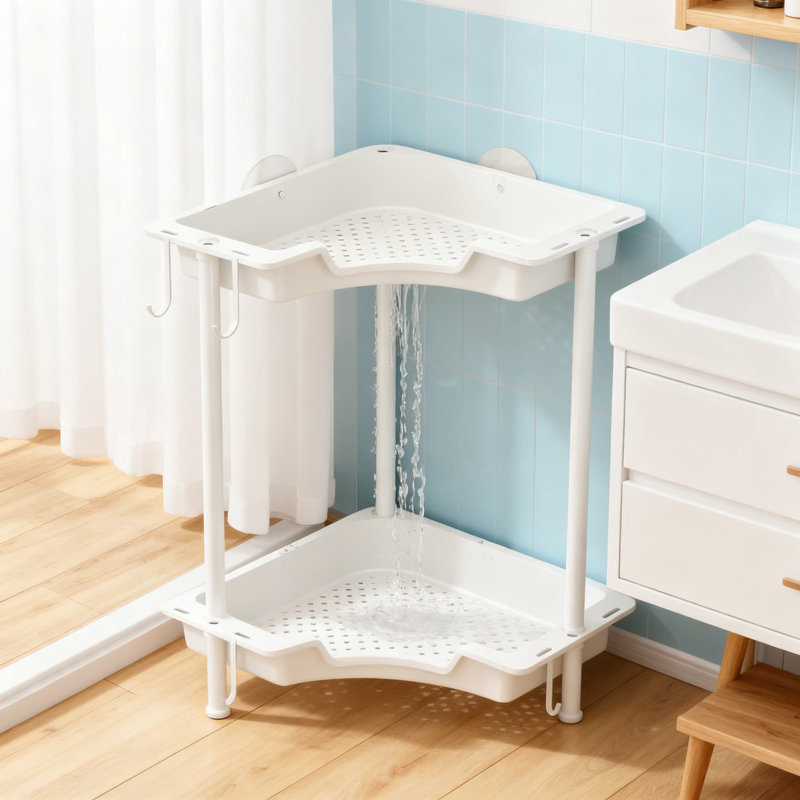 3-Tier Corner Shower Caddy Floor Standing Organizer With Hooks, Plastic And Stainless Steel Waterproof Bathroom Storage Rack For Shower And Bathtub