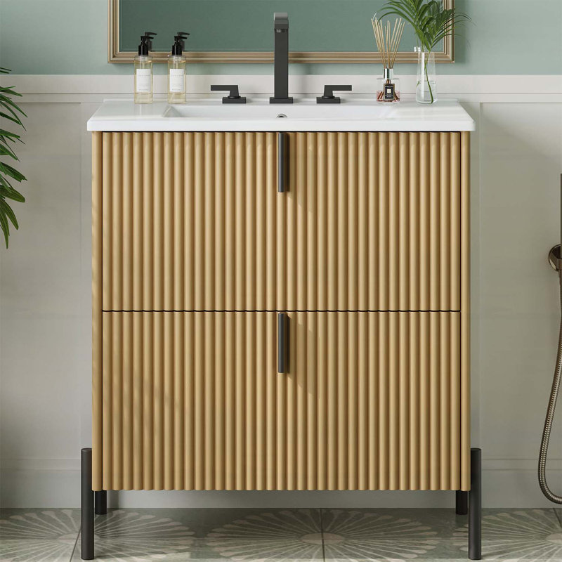 30-Inch Bathroom Vanity with Ceramic Sink,Fluted Design,and Soft-Close Full-Extension Drawers, Natural+Black