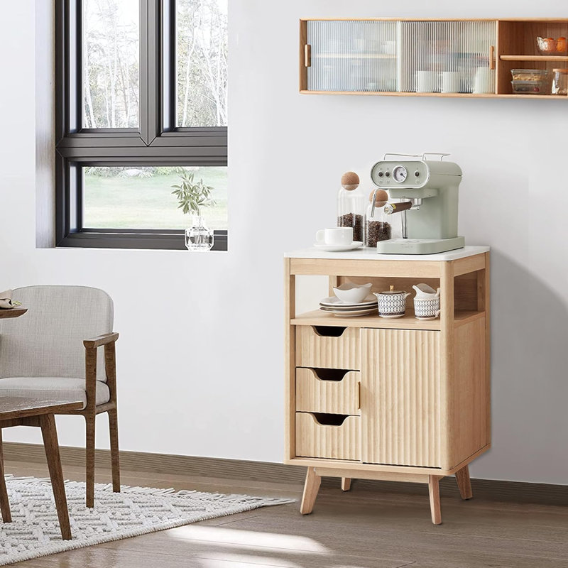 Bathroom Storage Cabinet with Fluted Sliding Door, 3 Drawers Bathroom Floor Cabinet w/Adjustable Shelf, Faux Marble Top