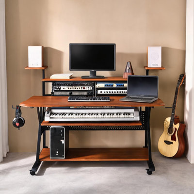 Bureau de musique universel pour bureau personnel en bois synthétique, largeur de 67 pouces avec plateau pour clavier et tablettes pour haut-parleurs