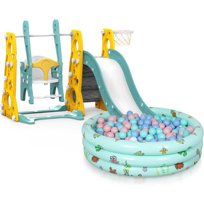 4 in 1 Toddler Slide and Swing Set, Kid Slide for Toddlers Age 1+, Baby Slide with Basketball Hoop, Ball Pool, Indoor Outdoor -  Halcyon, JH0531_00