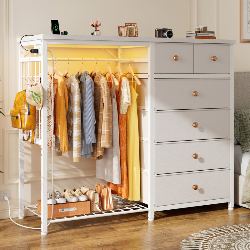 Commode 6 tiroirs avec portemanteau et station de charge, Blanc