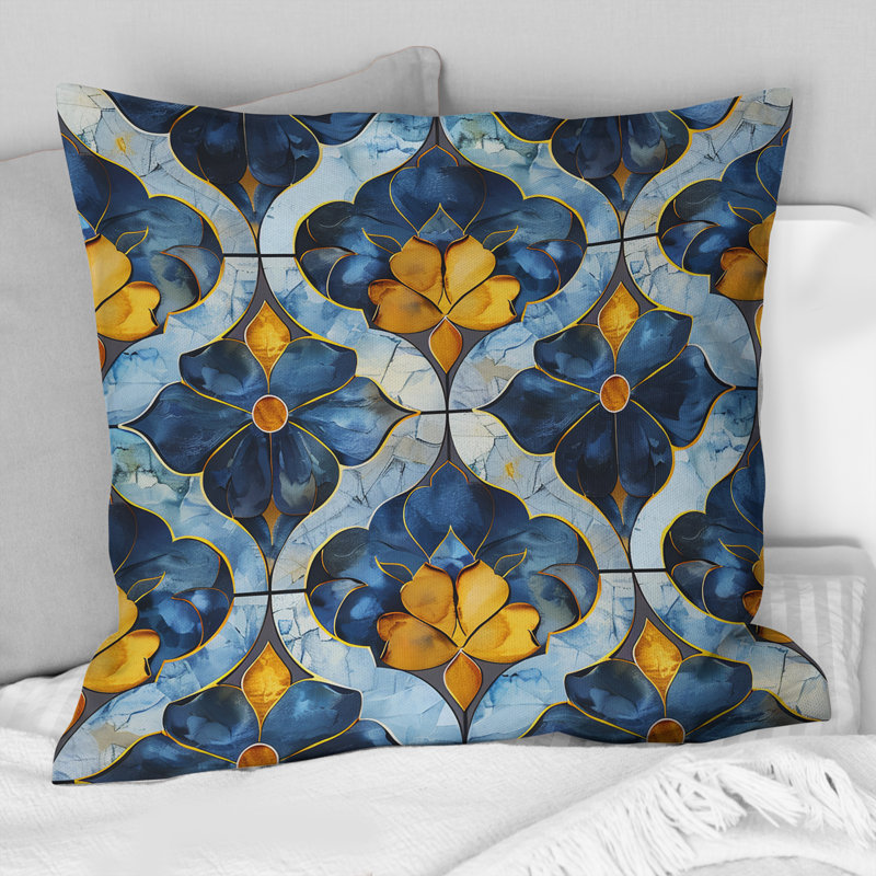 Bleu, jaune, quadrilobe à motifs II - coussin décoratif moderne, H 16 po x l 16 po