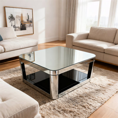 Modern Mirrored Coffee Table With Beveled Glass Top & Hollowed-Out Edges, Sturdy MDF Frame, Suitable For Living Rooms, Etc. by Ivy Bronx