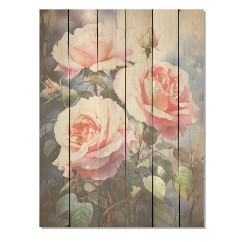 «Rose Blossoms With Graceful Curves - Roses», art sur bois de pin naturel, H 20 po x l 10 po