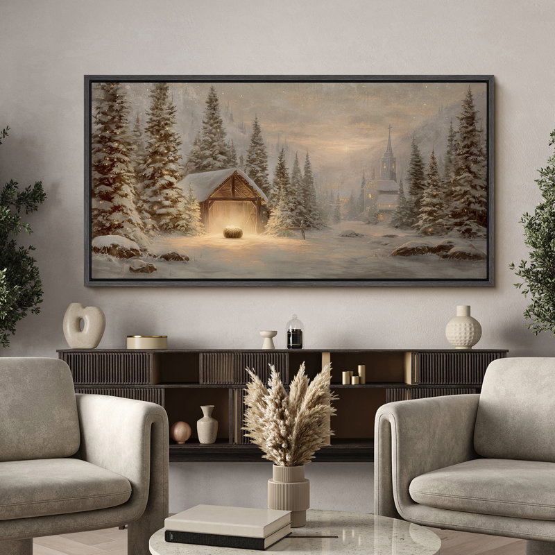Douce crèche de Noël dorée et stable, paysage d'hiver encadré dans la chambre principale, reproduction d'art 2 pièces