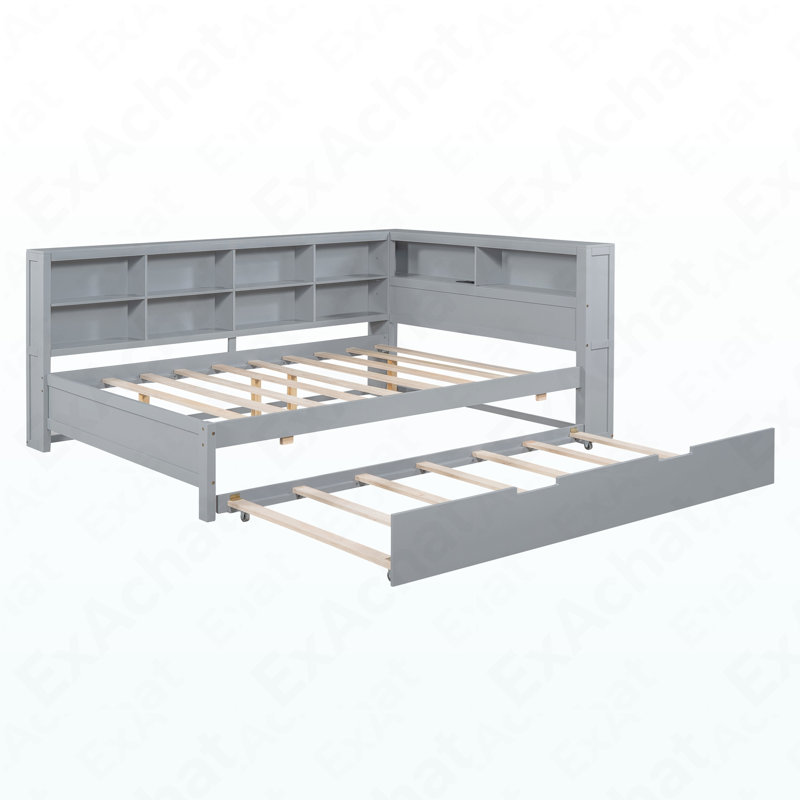 Wooden Full Size Daybed With Twin Size Trundle, Daybed With Storage Shelf And USB Charging Ports,Grey, Gray