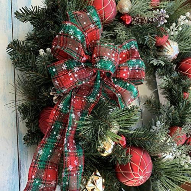 Snowflake Plaid Christmas Wreath Bow - 10" Wide, 18" Long Pre-Tied Bow, Door Decoration, Gift Basket, Swag, Garland, Fall Decor, Winter, Thanksgiving