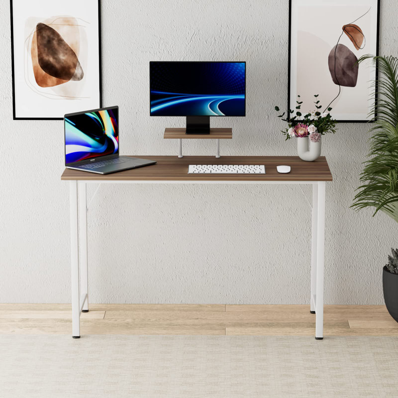 Nirjala Metal Base Writing Desk, White, 75cm H x 100cm W x 50cm D, Dark Wood