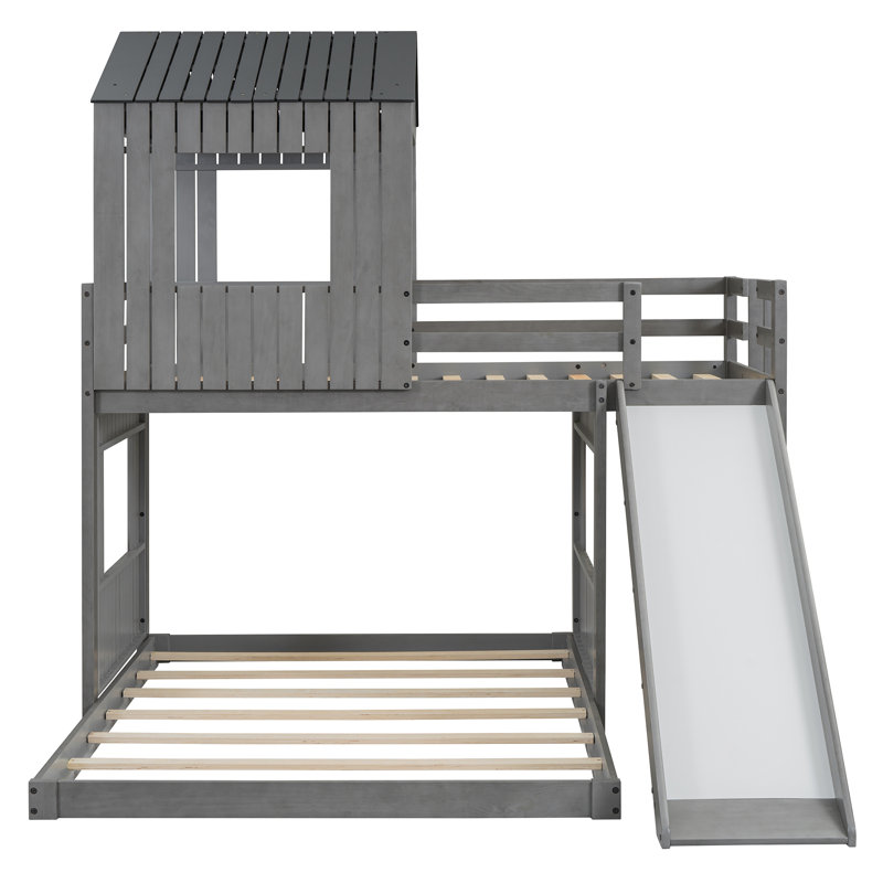 Wooden L-Shaped House Style Bunk Bed with Slide Harper Orchard, Antique Gray, Twin over Full