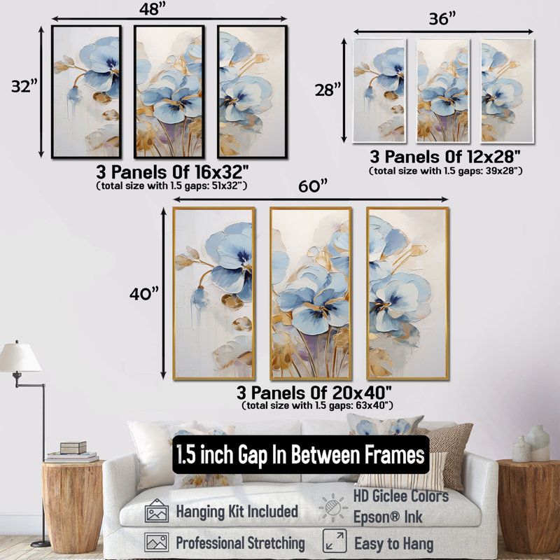«Blue and Gold Minimalisme Pansy Delight - Pensies», ensemble d'art sur toile, Cadre flottant noir