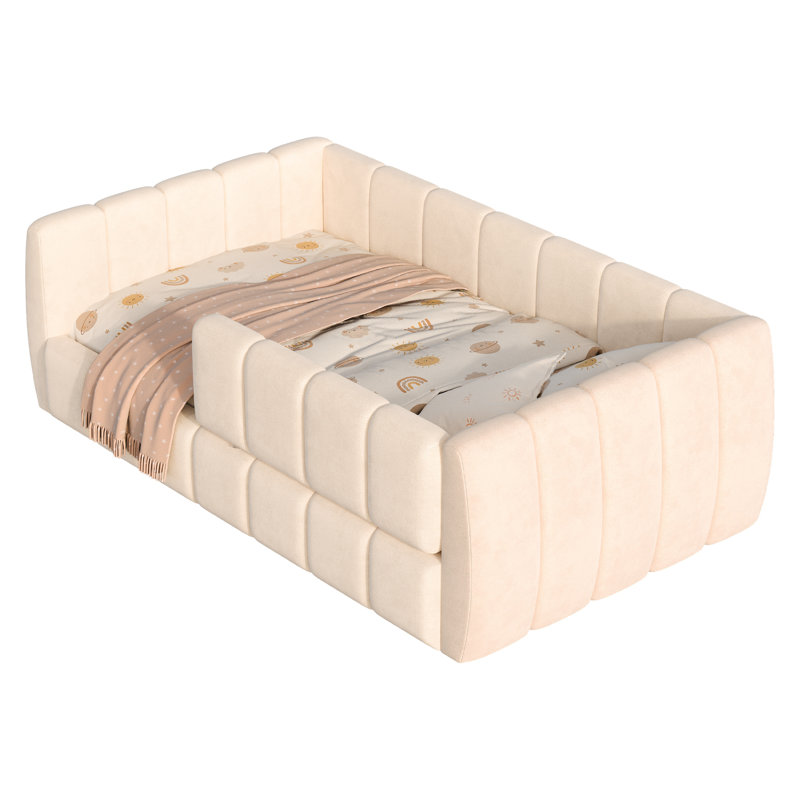 Upholstered Floor Daybed with Removable Guardrails, Beige