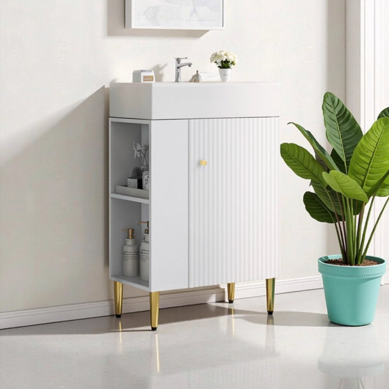 Meuble-lavabo moderne blanc 21,6 po avec rangement à gauche, lavabo simple en céramique et pieds en métal doré, Blanc