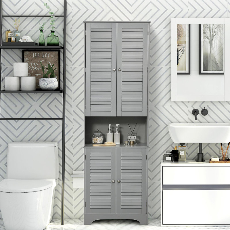 Tall Narrow Bathroom Storage Cabinet With Doors And Shelf Adjustability, Freestanding Bathroom Linen Cabinet With 2 Cabinets And Countertop, Bathroom Floor Cabinet, Gray