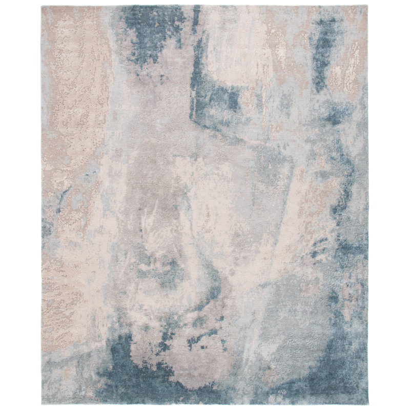 Tapis abstrait gris en laine / soie noué à la main Tribeca, Rectangle 8 pi x 10 pi