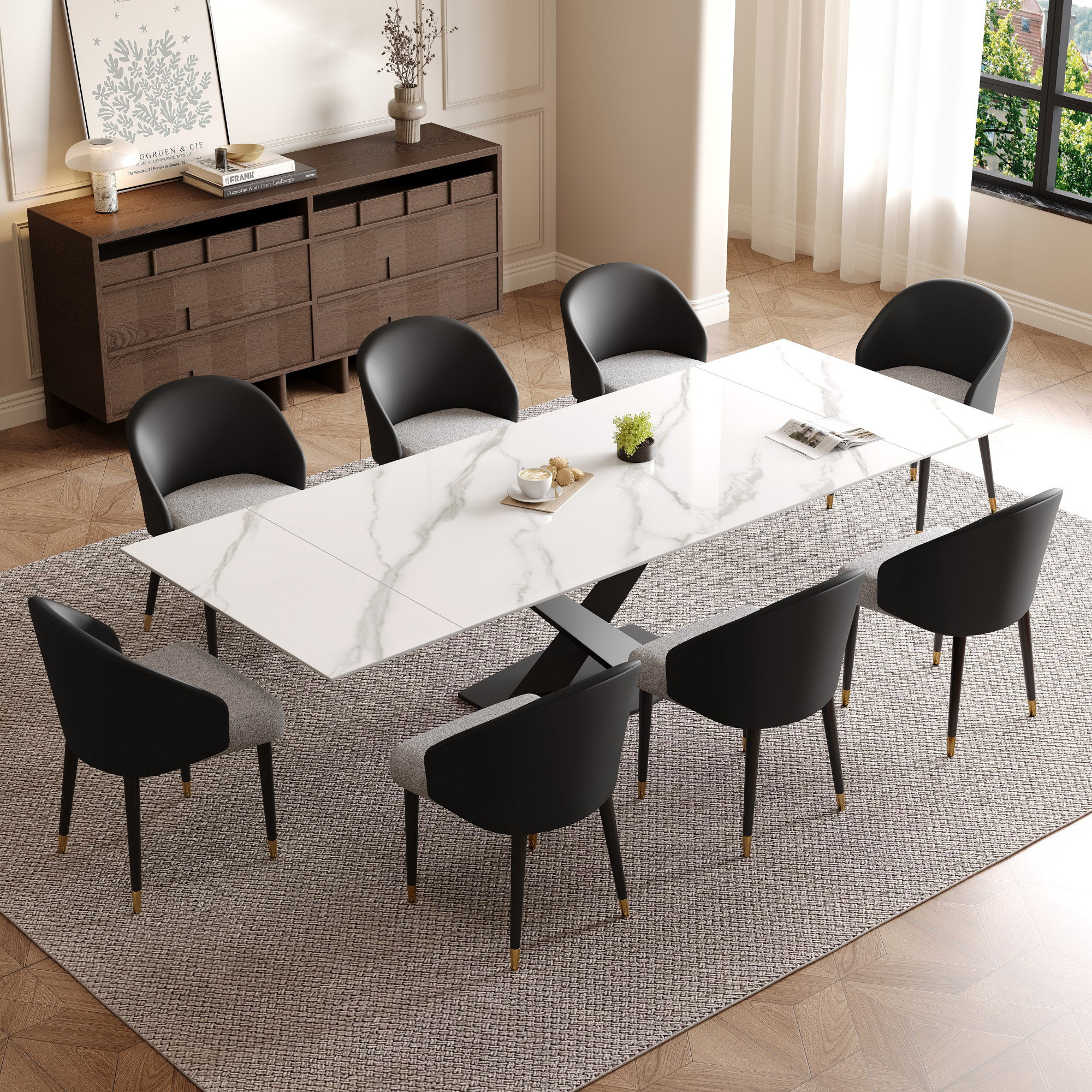 Everly Quinn Russile 9 - Piece 94.48'' Extendable Sintered Stone Dining ...