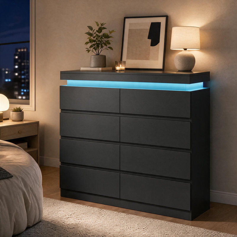 Commode 8 tiroirs l 47,3 po avec prise de courant, commode avec lumière DEL, Black