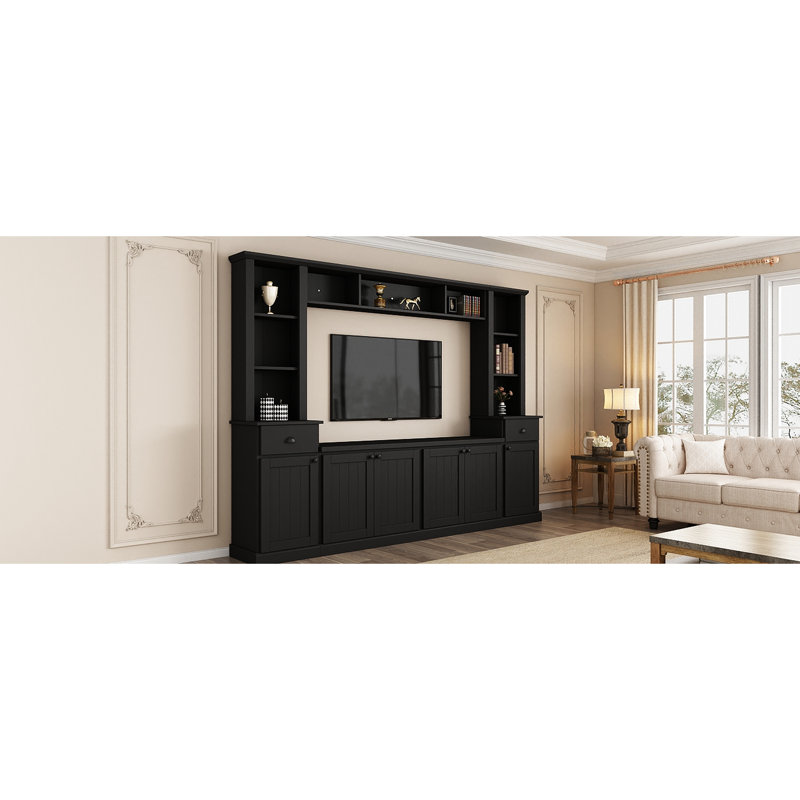 Meuble audio-vidéo pour téléviseur de 75 po, noir, avec options de rangement polyvalentes et tablettes réglables