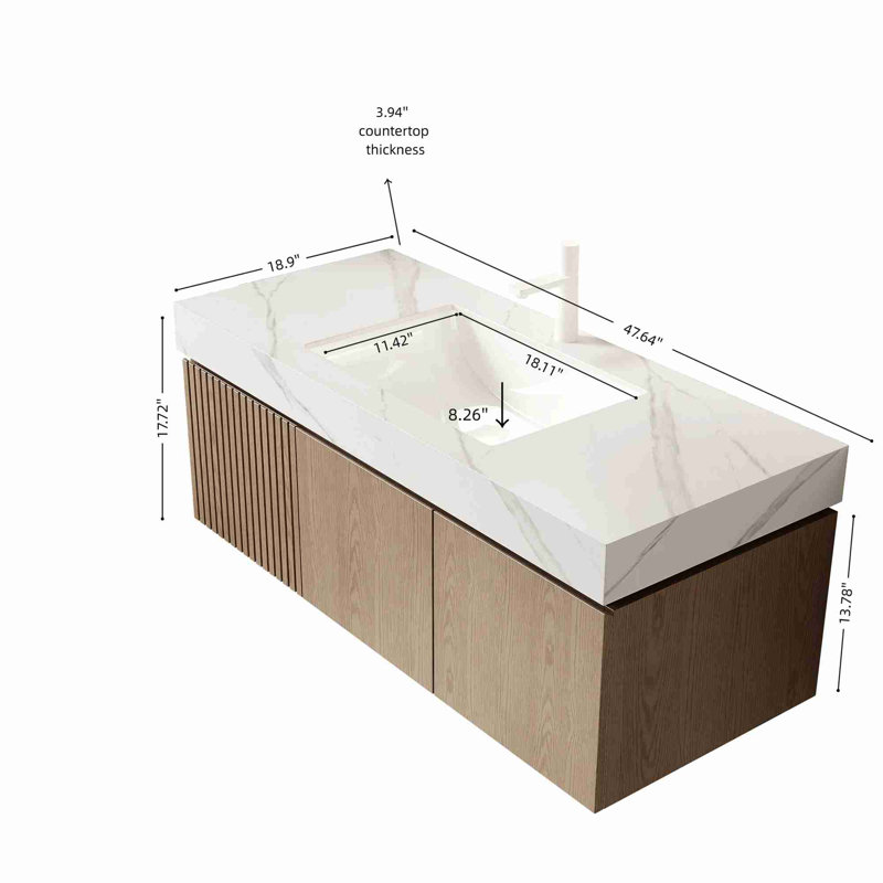 Meuble-lavabo moderne flottant, Brun pâle, Blanc de Carrare