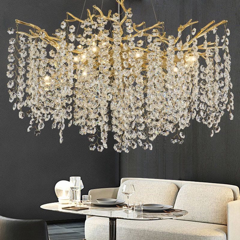 Tree Branch Snow Crystal Chandelier Lighting 32"D, Gold/White