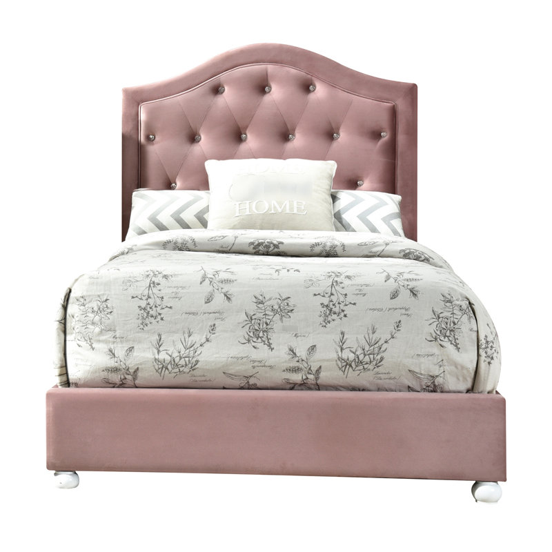 Lit simple tapissier rose - 41,79 po Profondeur, tête de lit arquée en tissu pastel au design compact