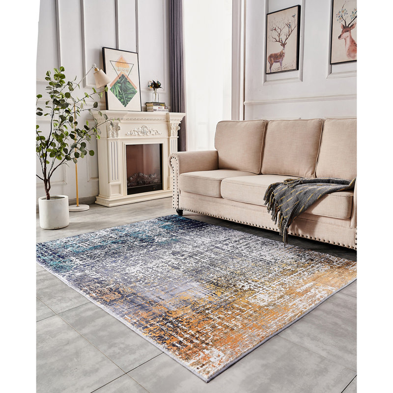 Collection Abstract Design Turquoise Gray Rust Machine Washable Super Soft Area Rug, Rectangle 4' x 6'